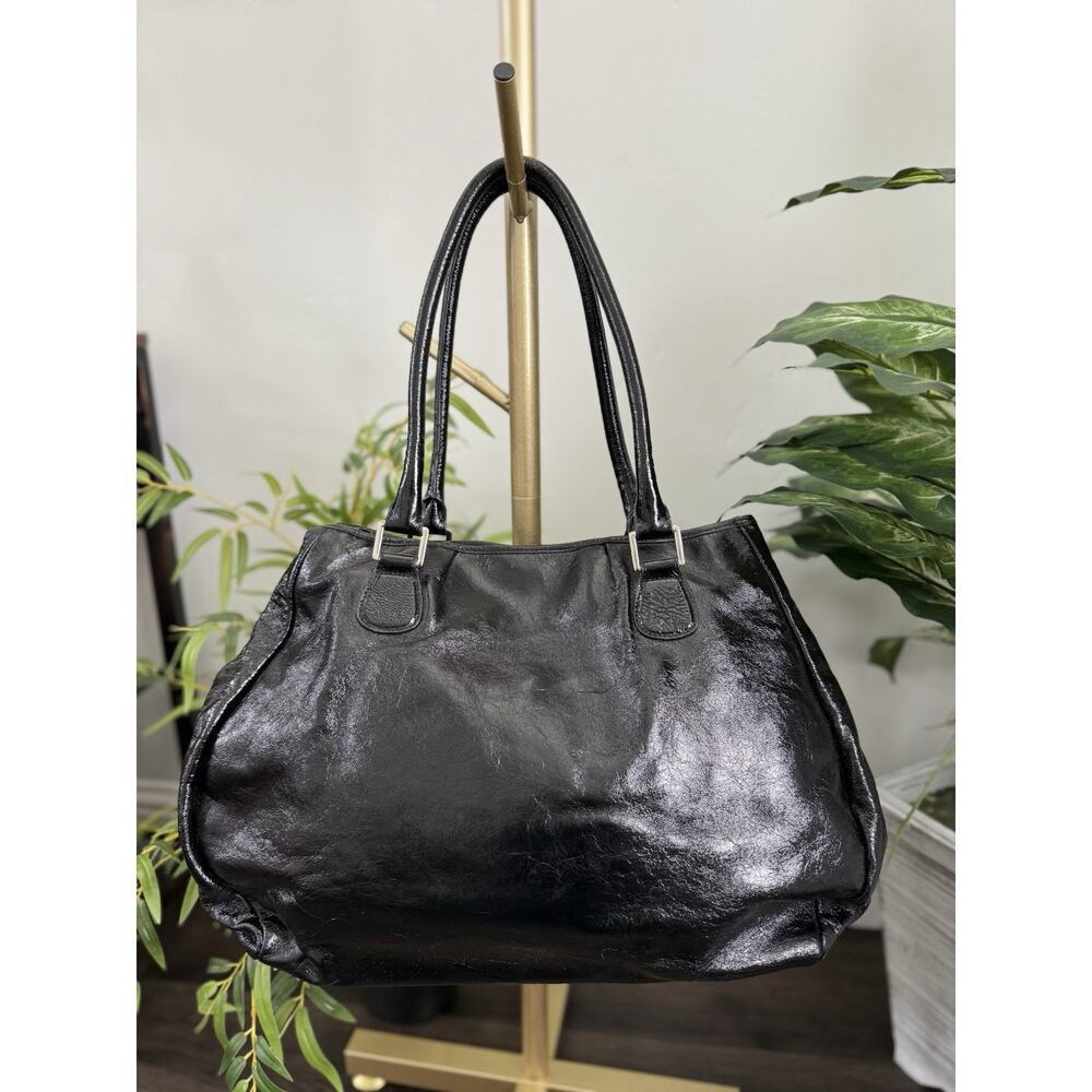 HOBO Black Patent Leather‎ Large Double Handle Purse Magnetic Closure Pockets